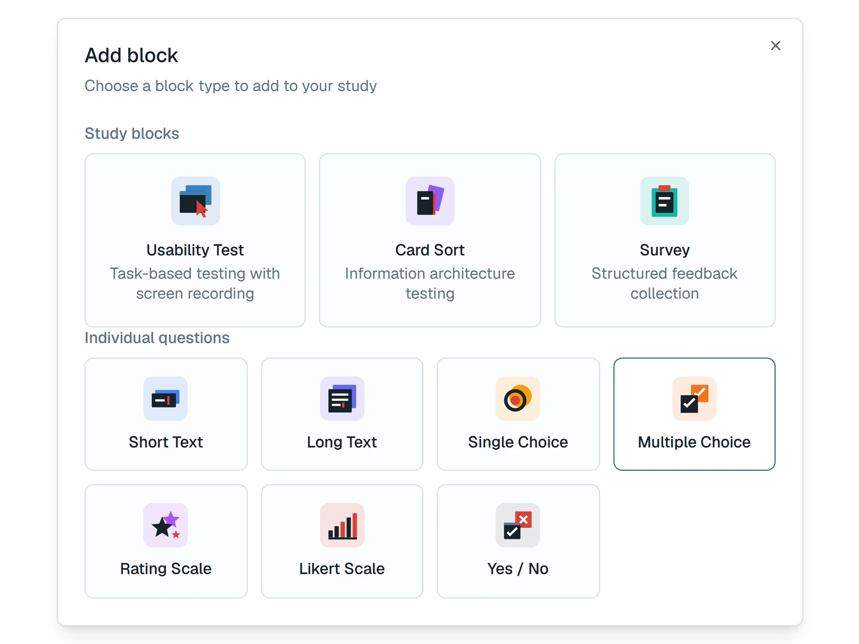 The Add block dialog: usability test, card sort, and survey blocks, plus seven question types